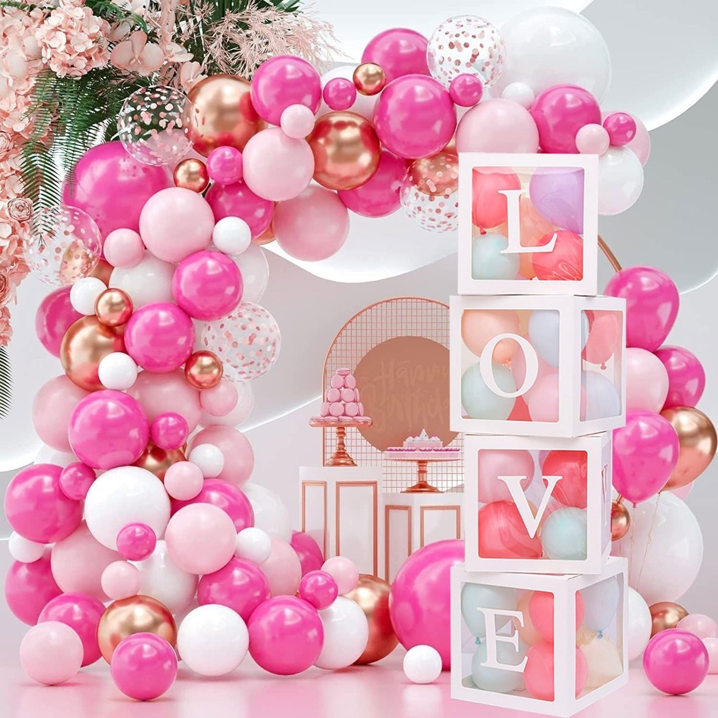 Set 4 Cutii pentru Baloane, Cuburi Decorative Love pentru Petrecere, Plastic și Carton, Transparente cu Contur Alb, 30 x 30 cm