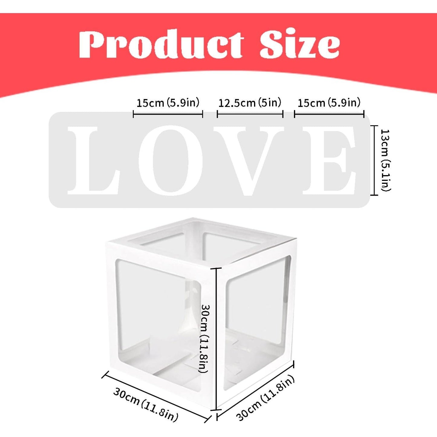 Set 4 Cutii pentru Baloane, Cuburi Decorative Love pentru Petrecere, Plastic și Carton, Transparente cu Contur Alb, 30 x 30 cm