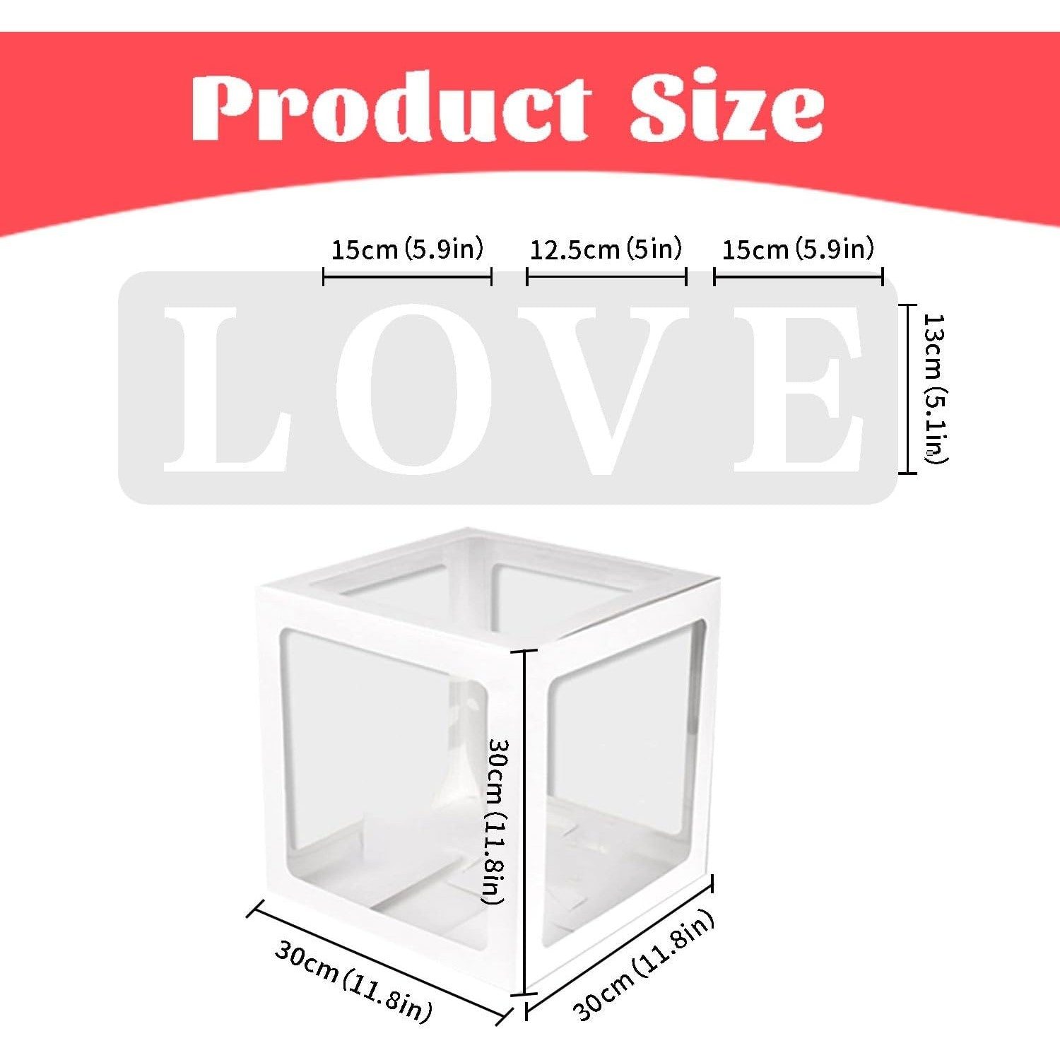 Set 4 Cutii pentru Baloane, Cuburi Decorative Love pentru Petrecere, Plastic și Carton, Transparente cu Contur Alb, 30 x 30 cm
