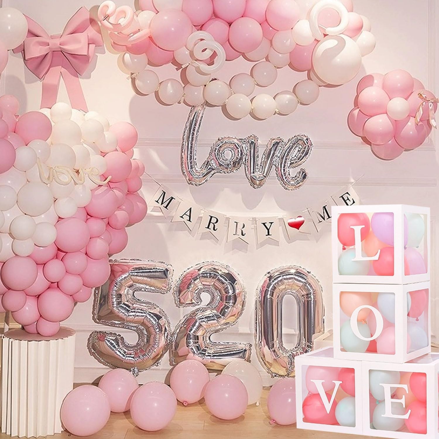 Set 4 Cutii pentru Baloane, Cuburi Decorative Love pentru Petrecere, Plastic și Carton, Transparente cu Contur Alb, 30 x 30 cm