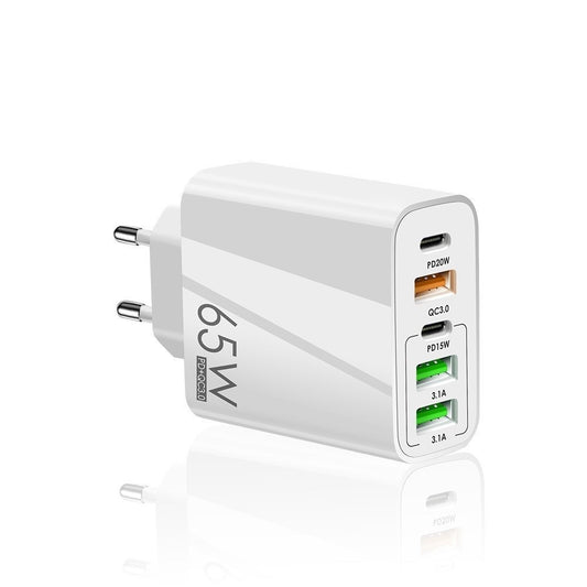 Încărcător Rețea Fast Charge 65W, Adaptor Universal cu 5 Porturi, 2 x USB Type-C și 3 x USB, Compatibil iPhone, Samsung, Huawei, Xiaomi, QC 4.0, Alb