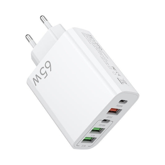 Încărcător Rețea Fast Charge 65W, Adaptor Universal cu 5 Porturi, 2 x USB Type-C și 3 x USB, Compatibil iPhone, Samsung, Huawei, Xiaomi, QC 4.0, Alb