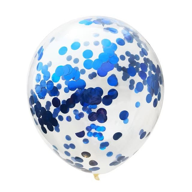 Set 10 Baloane Party Confetti, Decoratiuni Petrecere din Latex Biodegradabil, Compatibile Aer sau Heliu, 25 cm, 5 Albastre si 5 Transparente cu Confetti Albastre