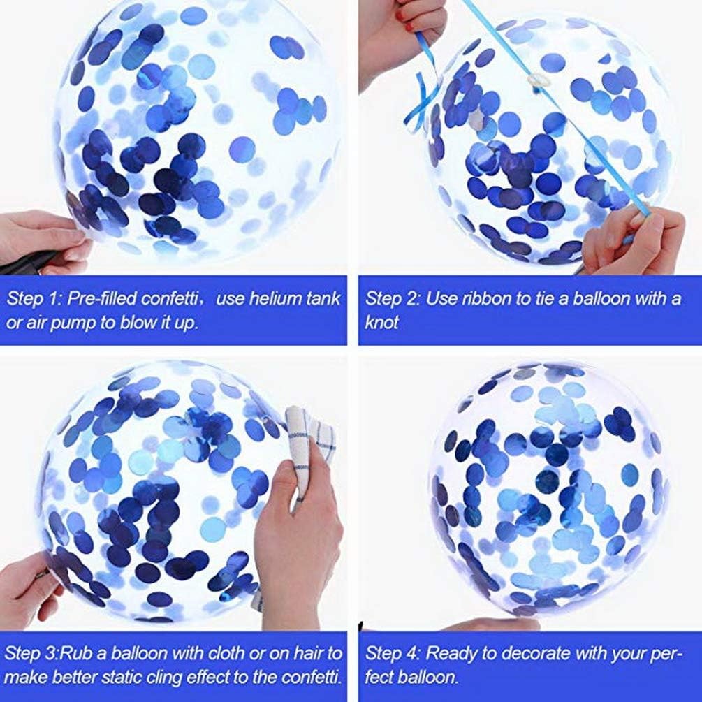Set 10 Baloane Party Confetti, Decoratiuni Petrecere din Latex Biodegradabil, Compatibile Aer sau Heliu, 25 cm, 5 Albastre si 5 Transparente cu Confetti Albastre