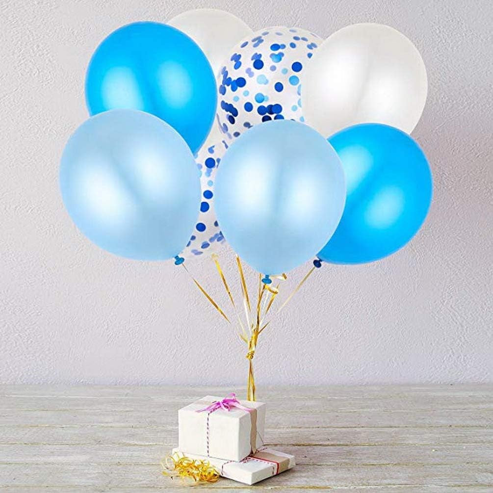 Set 10 Baloane Party Confetti, Decoratiuni Petrecere din Latex Biodegradabil, Compatibile Aer sau Heliu, 25 cm, 5 Albastre si 5 Transparente cu Confetti Albastre