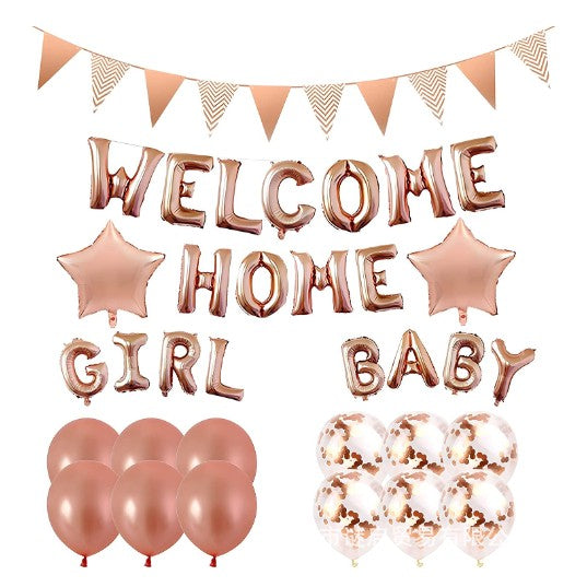 Set Baloane Decorative Welcome Home Baby Girl, Baloane Latex si Folie Aluminiu, Banner Inclus, Set 16 Piese, Rose Gold