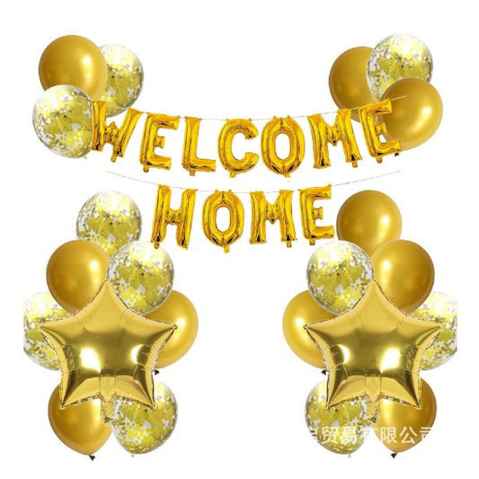 Set Decorativ Baloane Welcome Home, 22 Piese, Baloane Latex si Folie in Forma de Stea, Auriu