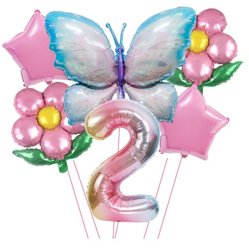 Set Baloane Aniversare Cifra 2, Decoratiuni Petrecere Copii, Folie Aluminiu, Model Fluture, Flori si Stelute, Multicolor, 6 Piese
