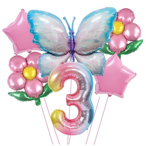 Set Baloane Aniversare Cifra 3, Decoratiuni Petrecere din Folie de Aluminiu, Include 2 Flori, 2 Stelute si 1 Fluture, 6 Piese, Multicolor