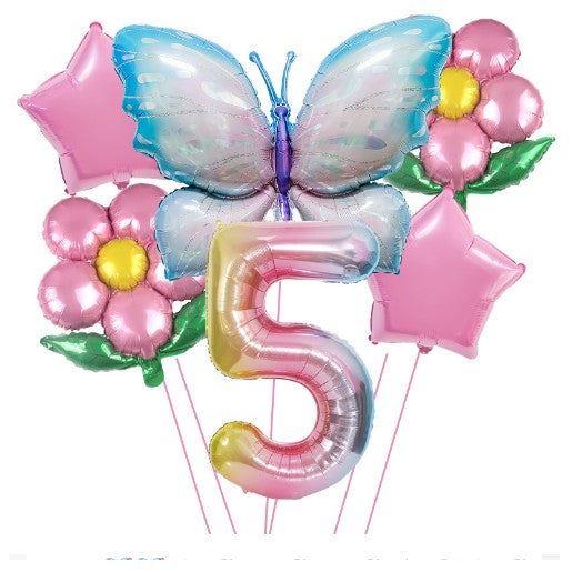 Set Baloane Aniversare Cifra 5, Decoratiuni Petrecere Copii, Folie Aluminiu Rezistenta, 6 Piese, 1 Fluture, 2 Flori, 2 Stelute, Multicolor
