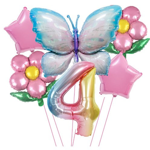 Set Baloane Aniversare Cifra 4, Decoratiuni Petrecere cu Fluture, Flori si Stelute, Folie Aluminiu, 6 Piese, Multicolor