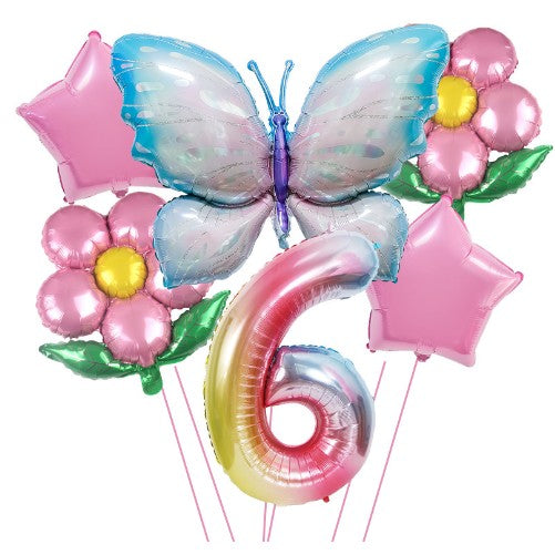 Set Baloane Aniversare Cifra 6, Decoratiuni Petrecere cu Flori, Stelute si Fluture, Folie Aluminiu, 6 Piese, Multicolor