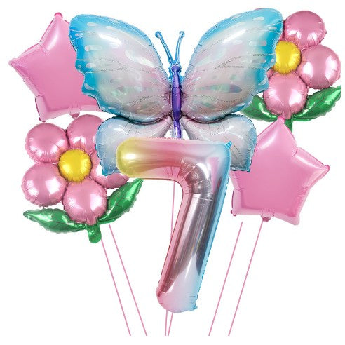 Set Baloane Aniversare Cifra 7, Decoratiuni Petrecere Tematica Flori si Fluturi, Folie de Aluminiu, 6 Piese, Multicolor