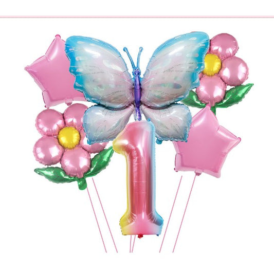 Set Baloane Aniversare Cifra 1, Decoratiuni Petrecere din Folie Aluminiu, Modele Flori, Stelute si Fluture, 6 Piese, Multicolor