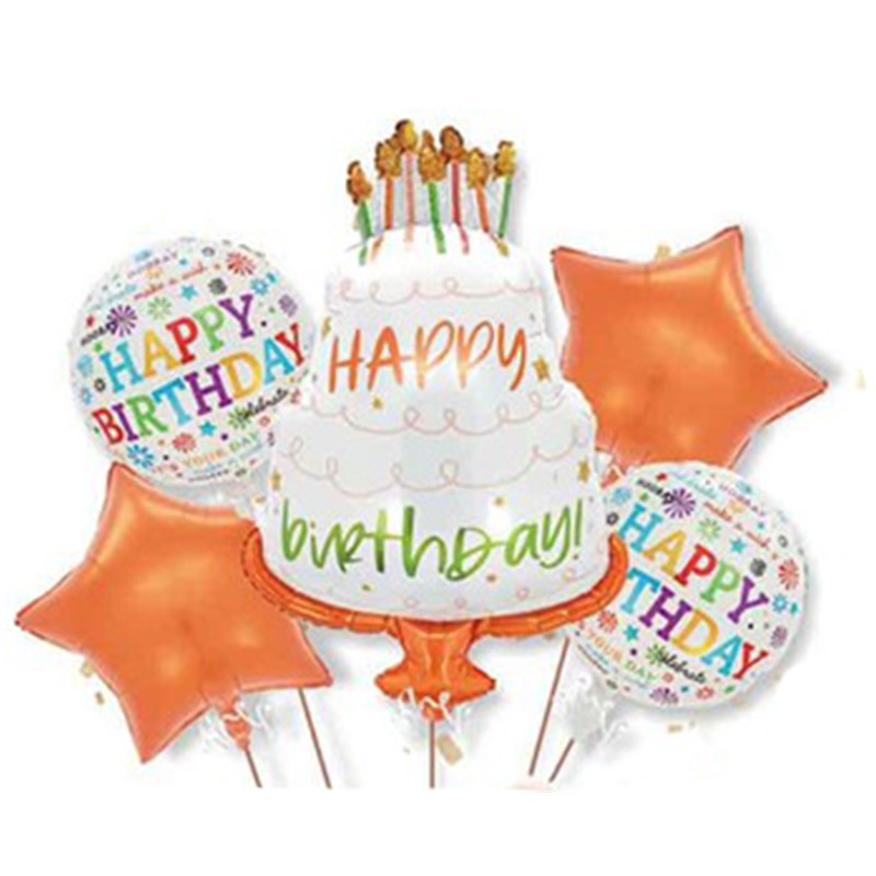 Set 5 Baloane Aniversare Happy Birthday, Balon Tort Gigant 70 x 101 cm, 2 Stele si 2 Rotunde, Folie de Aluminiu, Portocaliu