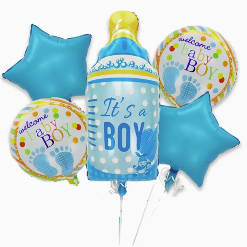 Set 5 Baloane Decorative Gender Reveal, Figurina Sticluta It's A Boy, Decoratiuni Petrecere Botez si Baby Shower, Folie si Latex, Albastru, 40 x 77 cm