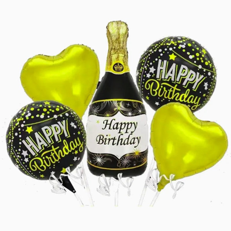 Set Baloane Aniversare Happy Birthday, Decor Petrecere Tematic Sticla Sampanie, Folie Aluminiu, Set 5 Piese cu Pai Inclus, Negru si Auriu
