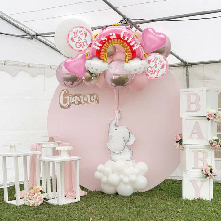 Set Baloane Decorative Baby Shower It's a Girl, Tematica Curcubeu pentru Gender Reveal si Botez, Material Folie si Latex, 5 Bucati, 66 x 91 cm, Roz