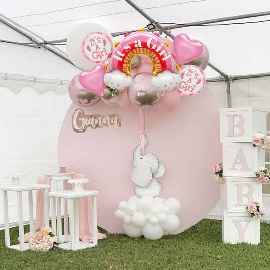 Set Baloane Decorative Baby Shower It's a Girl, Tematica Curcubeu pentru Gender Reveal si Botez, Material Folie si Latex, 5 Bucati, 66 x 91 cm, Roz