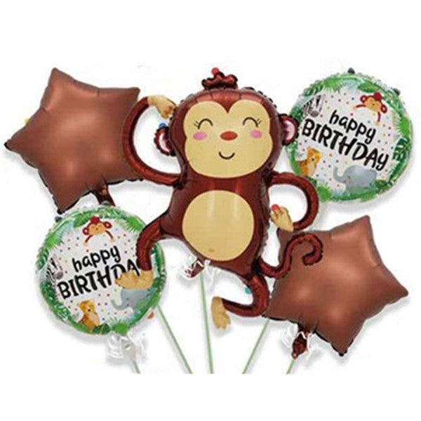 Set Baloane Aniversare Happy Birthday, Model Maimuta si Stele, Folie Aluminiu, Include Pai de Umflare, 5 Piese, Maro, 85 x 89 cm