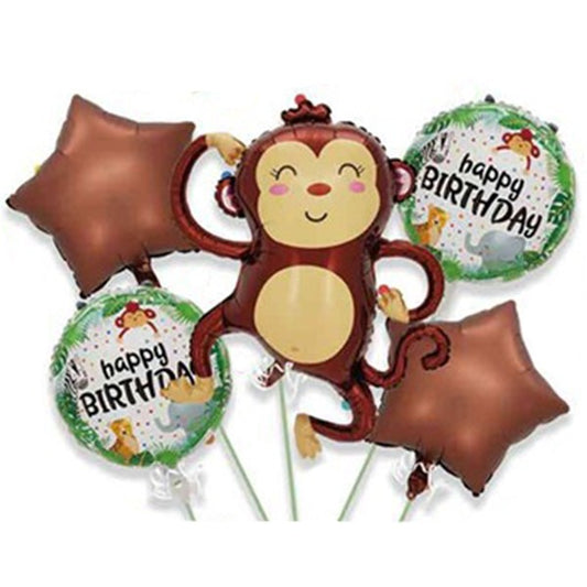 Set Baloane Aniversare Happy Birthday, Model Maimuta si Stele, Folie Aluminiu, Include Pai de Umflare, 5 Piese, Maro, 85 x 89 cm