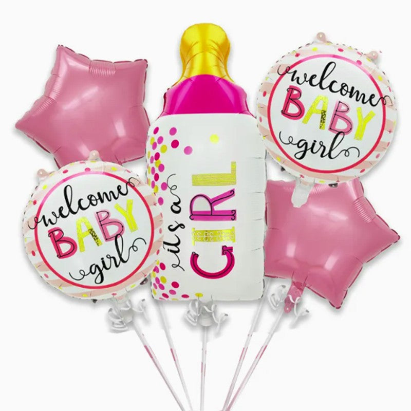 Set 5 Baloane Decorative Gender Reveal, Figurina Sticluta It's A Girl, Ideale pentru Botez si Baby Shower, Folie si Latex, Roz, 40 x 77 cm