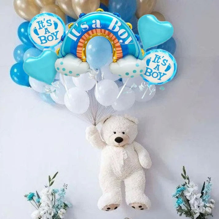 Set 5 Baloane Decorative It's a Boy, Tematica Baby Shower si Gender Reveal, Model Curcubeu, Folie si Latex, 66 x 91 cm, Albastru