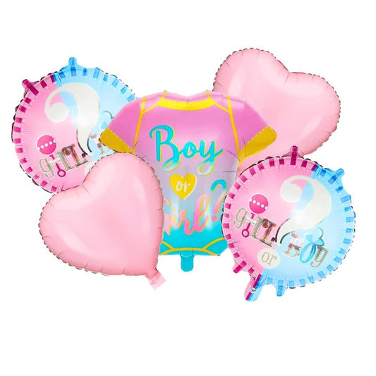 Set 5 Baloane Gender Reveal, Model Haine Bebelusi, Folie de Aluminiu, Compatibile Heliu, Roz si Albastru, 55 x 61.5 cm