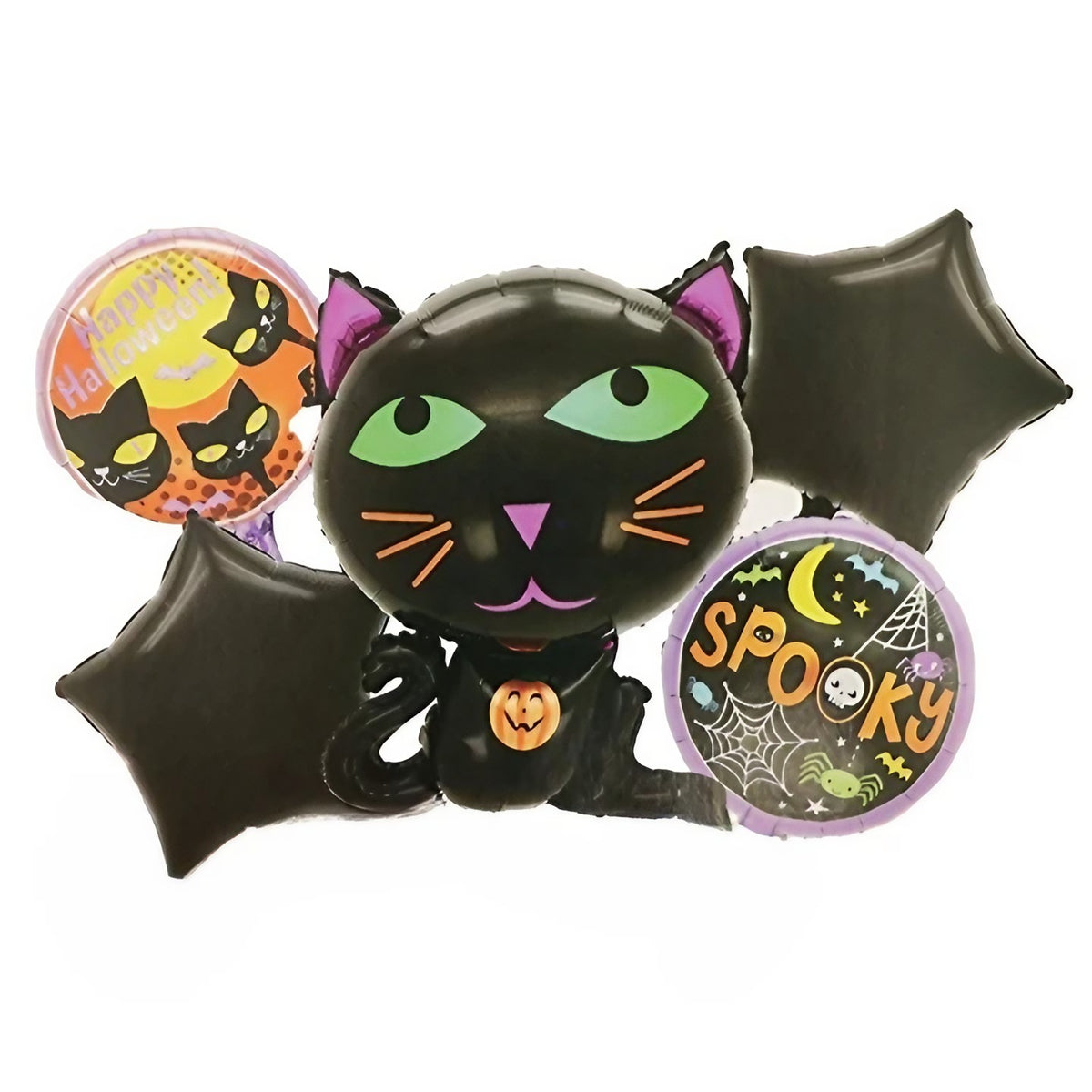 Set 5 Baloane Halloween din Folie Metalizata, Decoratiuni Petrecere Tematica, Figurina Pisica Neagra 65x49 cm, Stelute si Cercuri 45 cm, Umflare Aer sau Heliu, Negru