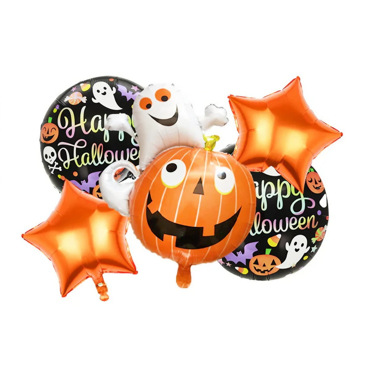 Set 5 Baloane Halloween din Folie Metalizata, Figurina Dovleac cu Fantoma, Umflare Aer sau Heliu, Multicolor, 64x80 cm si 45 cm