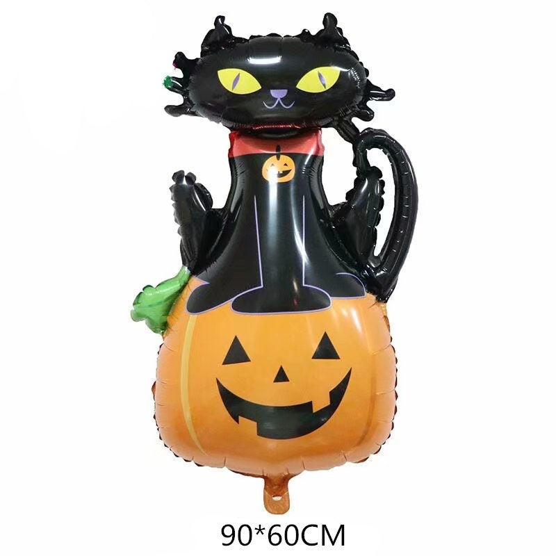 Set 5 Baloane Halloween, Figurine Dovleac si Pisica, Folie Metalizata, Umflare Aer sau Heliu, 90x60 cm si 45 cm, Portocaliu-Negru