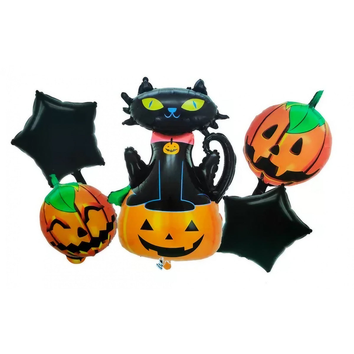 Set 5 Baloane Halloween, Figurine Dovleac si Pisica, Folie Metalizata, Umflare Aer sau Heliu, 90x60 cm si 45 cm, Portocaliu-Negru