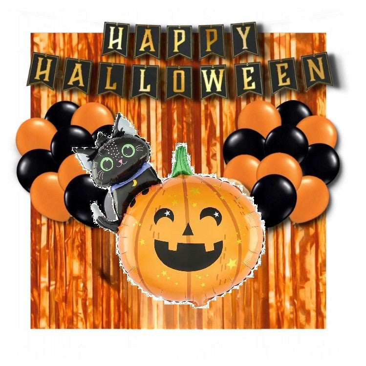 Set 5 Baloane Halloween din Folie Metalizata, Figurina Dovleac si Pisica, Umflare Aer sau Heliu, Multicolor, 84x69 cm si 45 cm