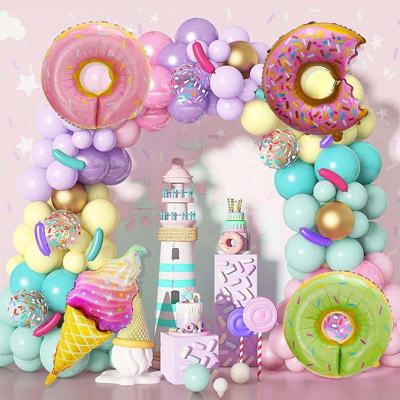 Set 124 Baloane Petrecere, Arcade Model Candy si Dulciuri, Decoratiuni Evenimente, Latex si Folie Aluminiu, Multicolor, Mix Marimi 12.5-80 cm