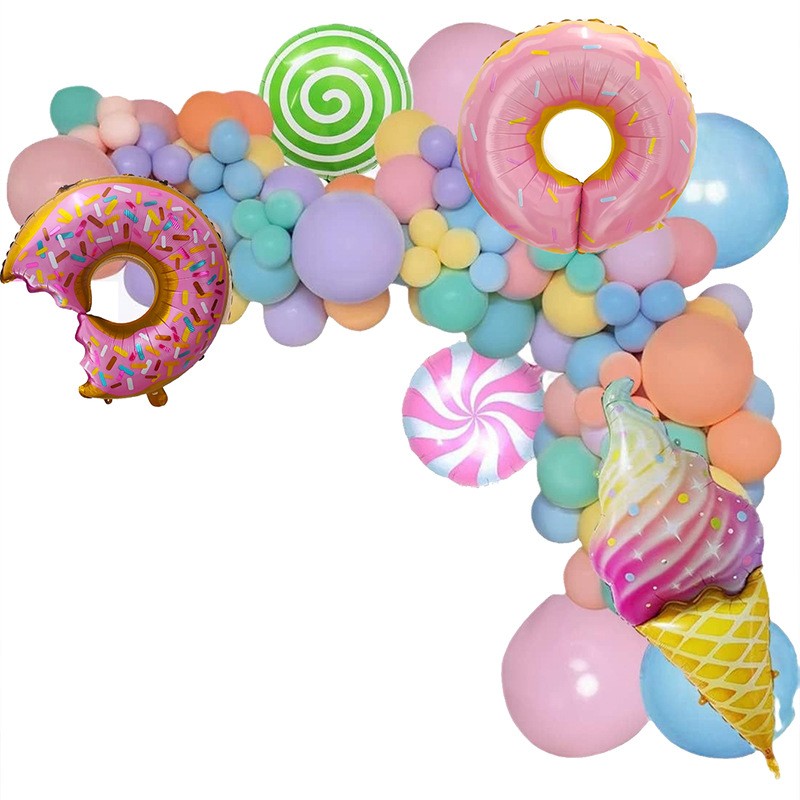Set 124 Baloane Petrecere, Arcade Model Candy si Dulciuri, Decoratiuni Evenimente, Latex si Folie Aluminiu, Multicolor, Mix Marimi 12.5-80 cm
