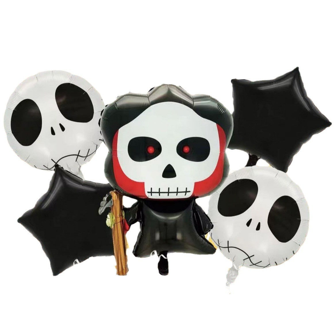 Set 5 Baloane Halloween, Figurina Craniu si Stelute, Folie Metalizata, Umflare Aer sau Heliu, Alb-Negru, 5 Piese, Craniu 50.5x74 cm, Baloane Rotunde si Stele 45 cm