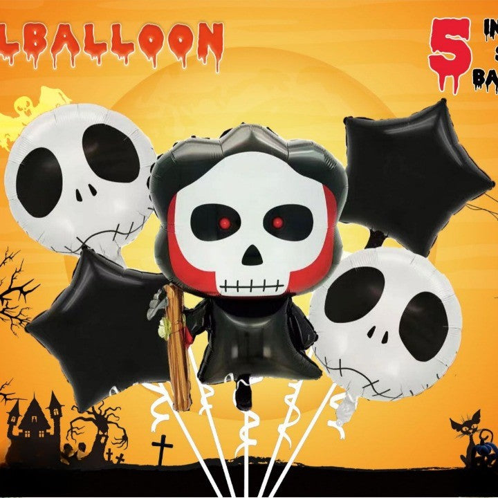 Set 5 Baloane Halloween, Figurina Craniu si Stelute, Folie Metalizata, Umflare Aer sau Heliu, Alb-Negru, 5 Piese, Craniu 50.5x74 cm, Baloane Rotunde si Stele 45 cm