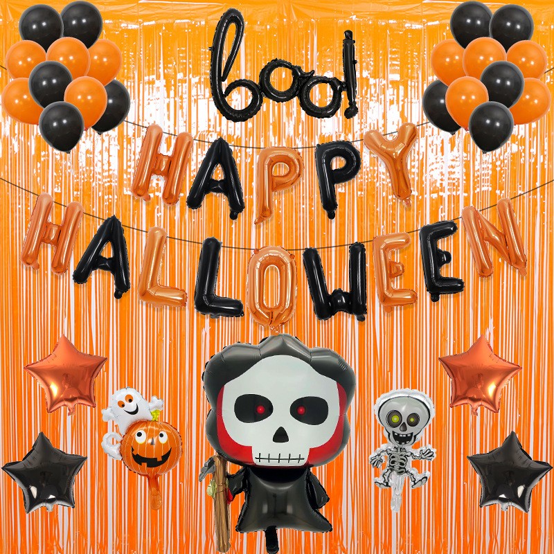 Set 5 Baloane Halloween, Figurina Craniu si Stelute, Folie Metalizata, Umflare Aer sau Heliu, Alb-Negru, 5 Piese, Craniu 50.5x74 cm, Baloane Rotunde si Stele 45 cm