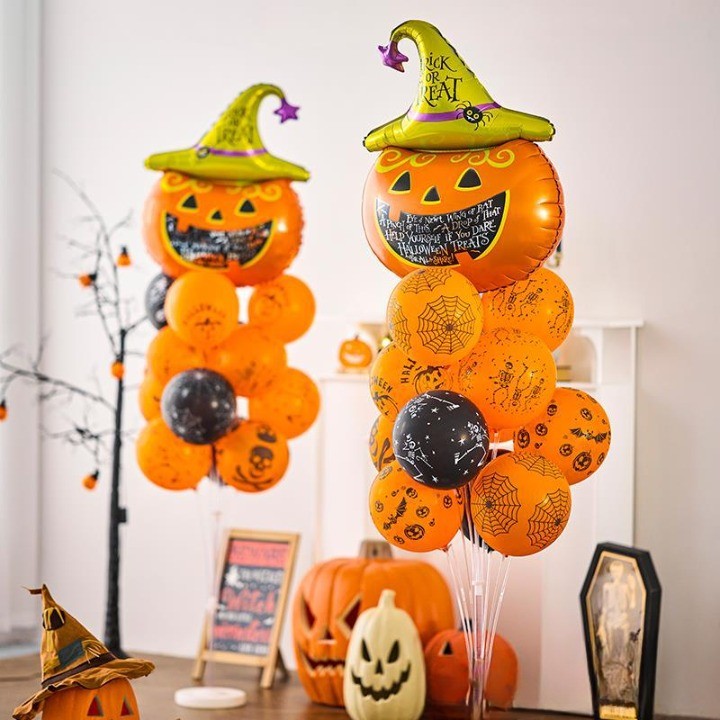 Set 5 Baloane Halloween din Folie Metalizata, Decoratiuni Petrecere cu Umflare Aer sau Heliu, Figurina Dovleac 54x87 cm, 2 Stelute, 2 Baloane Rotunde 45 cm, Multicolor