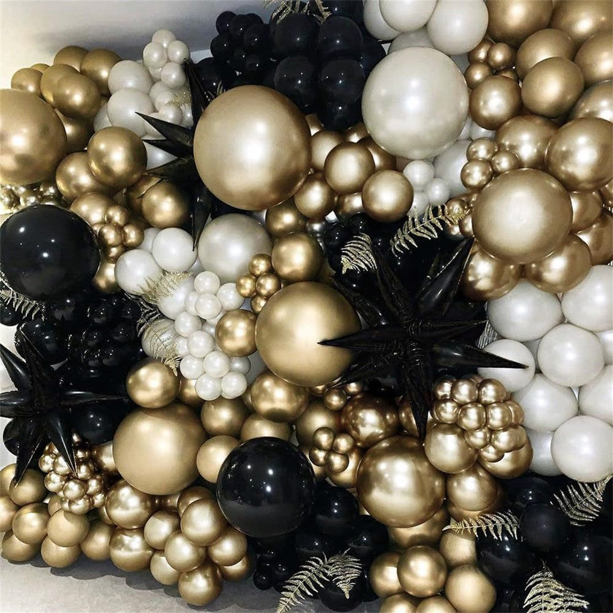Set 163 Baloane Pentru Arcada si Petrecere, Decoratiuni Aniversari si Evenimente, Latex Rezistent, 12 cm, 30 cm, 45 cm, Negru, Auriu, Alb