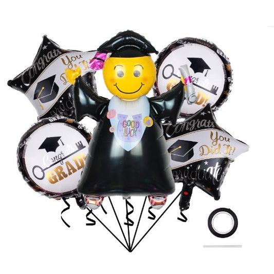 Set 5 Baloane Tematica Absolvire, Figurina Absolventa, 2 Stele Si 2 Rotunde, Folie Aluminiu, Umflare Aer Sau Heliu, 70 x 40 cm, Alb si Negru
