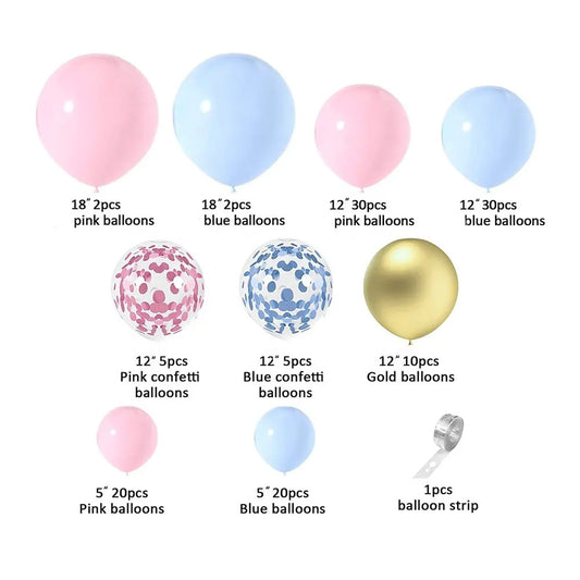 Set 130 Baloane Decorative pentru Petrecere Gender Reveal, Kit Arcada Baloane Latex si Confetti, Albastru, Roz si Auriu, Multicolor
