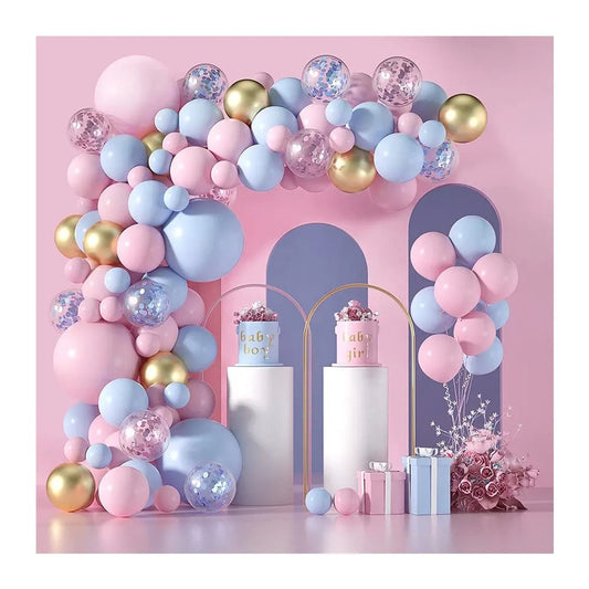 Set 130 Baloane Decorative pentru Petrecere Gender Reveal, Kit Arcada Baloane Latex si Confetti, Albastru, Roz si Auriu, Multicolor
