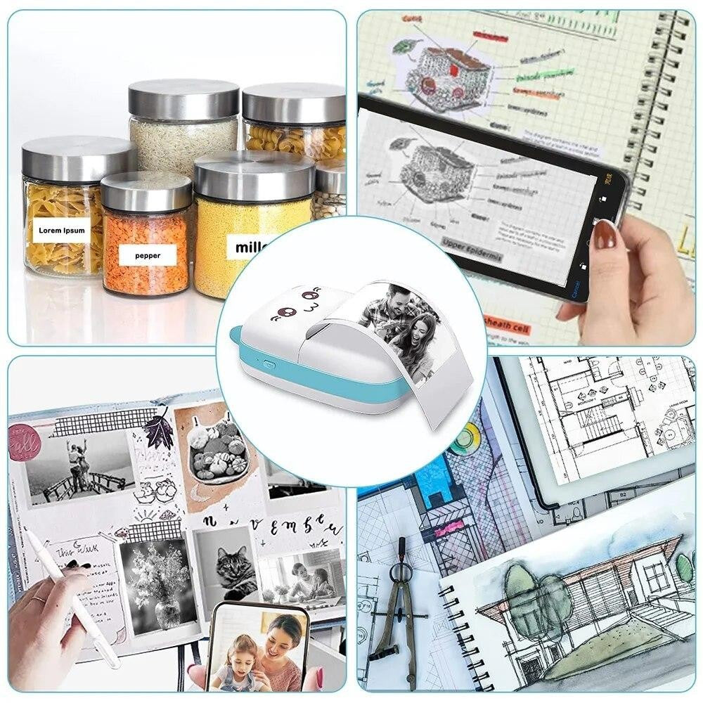 Mini Imprimanta Foto Portabila, Imprimanta Termica Bluetooth Fara Cerneala, Model Ursulet, Rezolutie 200 DPI, Acumulator 1000 mAh, Incarcare USB, Material ABS, 12 x 9 x 5 cm, Alb Albastru