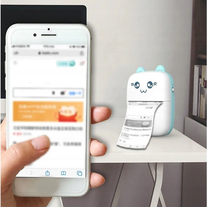 Mini Imprimanta Foto Portabila, Imprimanta Termica Bluetooth Fara Cerneala, Model Ursulet, Rezolutie 200 DPI, Acumulator 1000 mAh, Incarcare USB, Material ABS, 12 x 9 x 5 cm, Alb Albastru