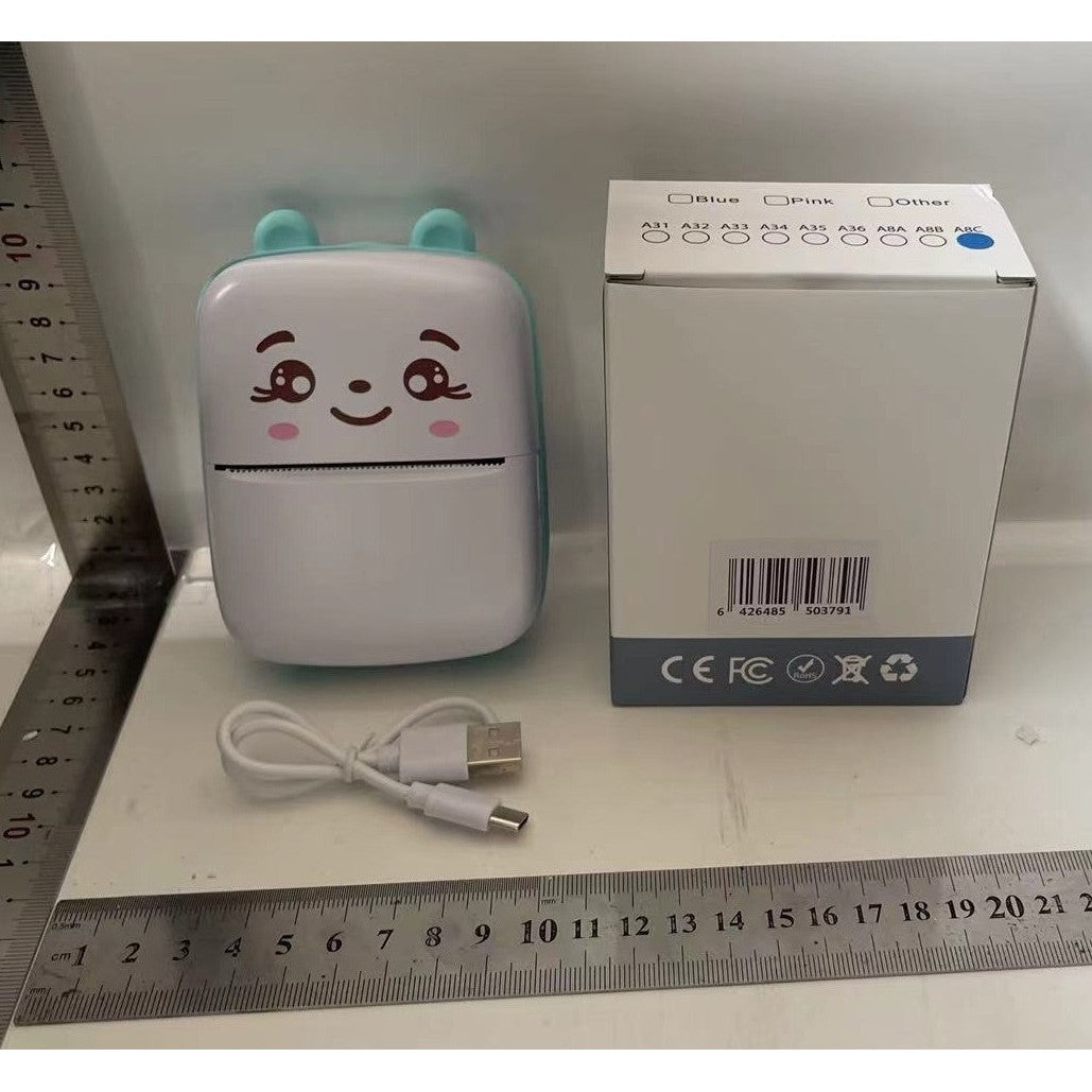 Mini Imprimanta Foto Portabila, Imprimanta Termica Bluetooth Fara Cerneala, Model Ursulet, Rezolutie 200 DPI, Acumulator 1000 mAh, Incarcare USB, Material ABS, 12 x 9 x 5 cm, Alb Albastru