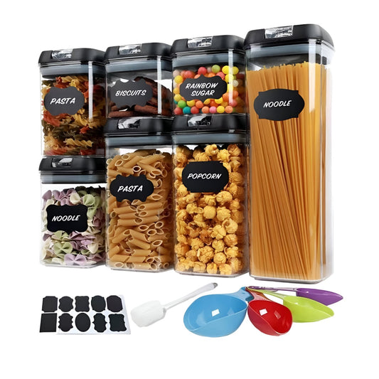 Set 7 Recipiente Depozitare Alimente Etanse, Organizator Bucatarie si Camara, Plastic Acrilic Fara BPA, Include 10 Etichete, 4 Linguri si Spatula, Transparente cu Capac Negru