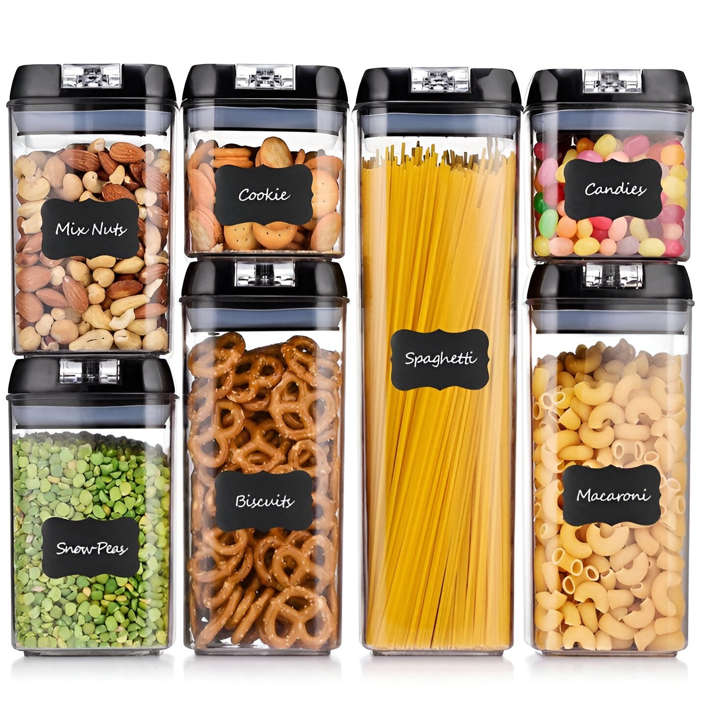 Set 7 Recipiente Depozitare Alimente Etanse, Organizator Bucatarie si Camara, Plastic Acrilic Fara BPA, Include 10 Etichete, 4 Linguri si Spatula, Transparente cu Capac Negru