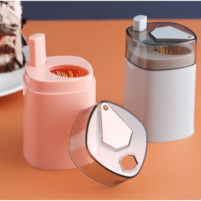 Suport Scobitori Automat cu Buton si Capac, Dispenser Igienic pentru Masa, Plastic PP, 9.5x6 cm, Roz