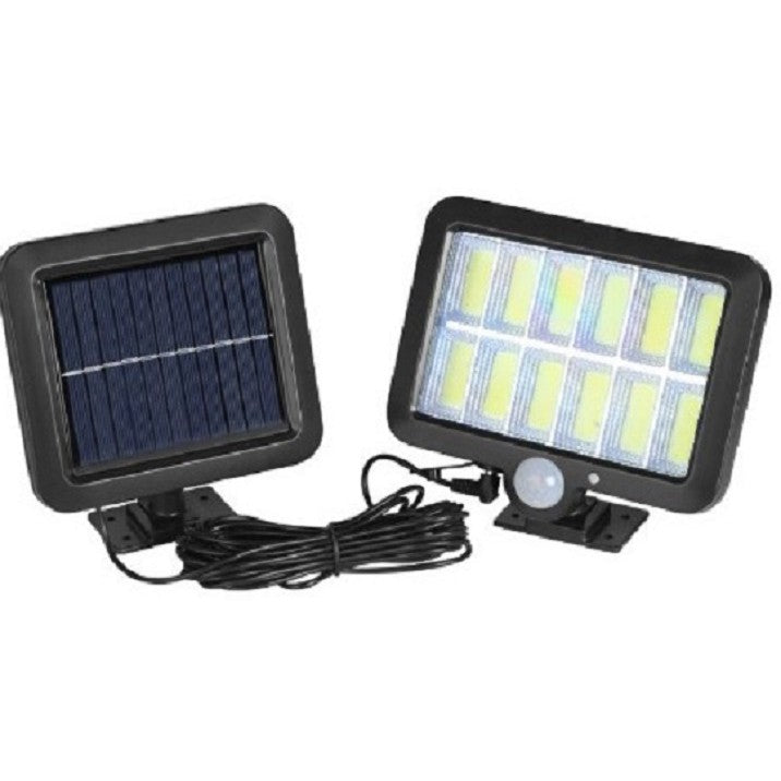 Lampa Solara LED 120 COB cu 12 Grile, Senzor de Miscare si Lumina, 3 Moduri de Iluminare, Panou Detasabil cu Cablu 5 m, Protectie Intemperii, Material ABS, Lumina Alba Rece